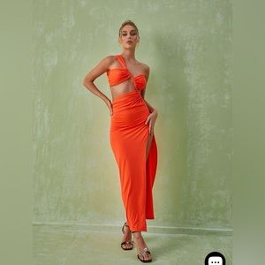 Berenice One Shoulder Cutout Maxi Dress In Orange- Small